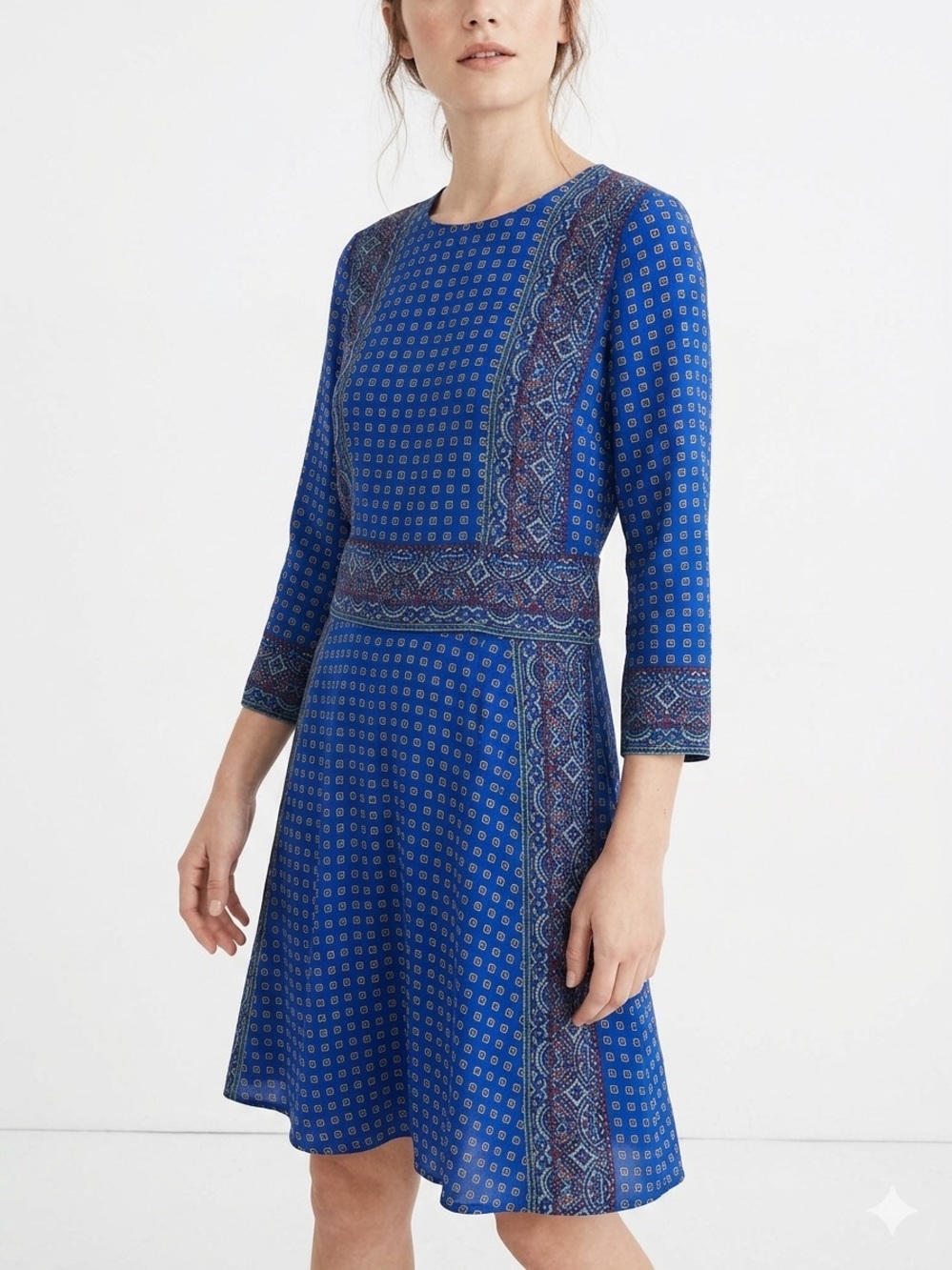 Madewell Silk Tee Dress Ascot Grid Boho Size XS Blue Paisley Geometric Border